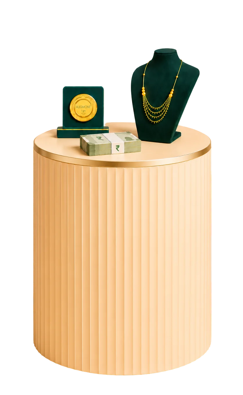 A gold coin, a necklace and cash on a pedestal